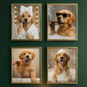 May include: A set of four framed wall art prints featuring golden retriever dogs in bathroom settings. One dog wears a white headband and robe, one wears sunglasses while holding a cigar, one brushes its teeth, and one sits in a bubble bath.