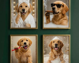 Custom Pet Portrait | Funny Dog in Bubble Bath, Bathroom Wall Art