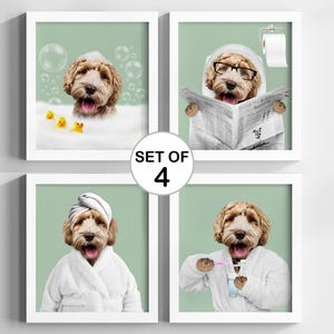 Custom Pet Portrait, Dog in Toilet, Pet in Bathtub, Custom Bathroom Dog Wall Art, Funny Pet Portrait, Pet Owner Bathroom Wall Art, Set of 4