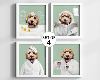 Custom Pet Portrait, Dog in Toilet, Pet in Bathtub, Custom Bathroom Dog Wall Art, Funny Pet Portrait, Pet Owner Bathroom Wall Art, Set of 4