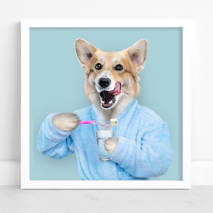 Custom Pet Brushing Teeth Art - Custom Pet Portrait - Funny Bathroom Decor - Personalized Pet Gift -Digital Pet Artwork - Dog & Cat Portrait