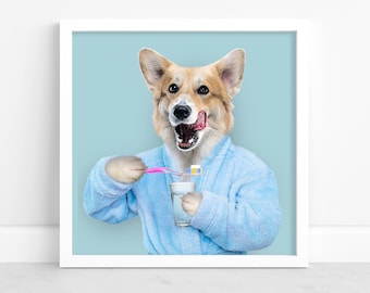 Custom Pet Brushing Teeth Art - Custom Pet Portrait - Funny Bathroom Decor - Personalized Pet Gift -Digital Pet Artwork - Dog & Cat Portrait