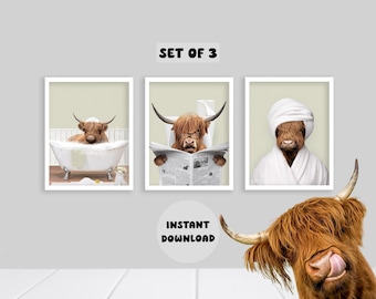 Highland Cow Funny Wall Art, Digital Download, Farm Animal Bathroom Decor, Cow on Toilet, Cow in Bath, Cow in Bathrobe, Set of 3 Prints