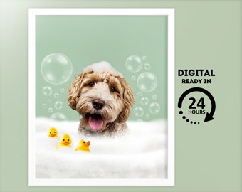 Custom Pet Portraits | Dog in Toilet | Pet in Bubble Bath | Guestroom Bathroom | Funny Pet Portrait | Kids Bathroom Wall Art | Cat Dog Gift