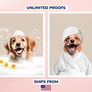 Ritratto di animale domestico personalizzato, divertente opera d'arte per il bagno, cane che legge il giornale sul water, animale domestico nella vasca da bagno, decorazione murale per cani, regalo personalizzato per animali domestici, regalo di Natale per animali domestici.