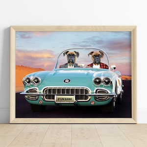 Aangepaste huisdier portret twee honden in vintage auto grappige huisdier kunst digitale huisdier artwork voor hondenliefhebbers cadeau voor hem road trip huisdier print muur decor