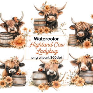 Watercolor Highland Cow PNG Clipart: Ladybug Farmhouse Art (Digital Download)