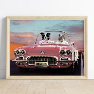 Aangepaste huisdier portret honden rijden vintage auto grappige huisdier vrienden kunst gepersonaliseerd digitaal cadeau voor hondenliefhebbers huisdier paar muur decor print