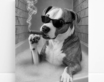 Custom Pet Portrait | Funny Dog in Bubble Bath, Bathroom Wall Art
