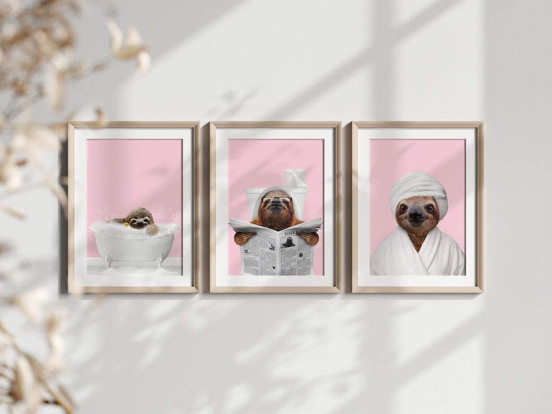 Sloth in Bathtub, Toilet & Bathrobe Set of 3 Kids Bathroom Art Whimsy