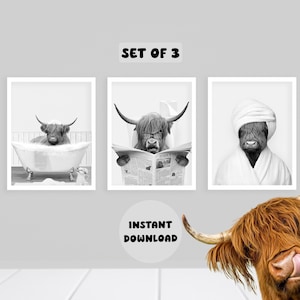 Highland Cow Bathroom Art: Funny Farmhouse Prints, Set of 3 (Digital Download)