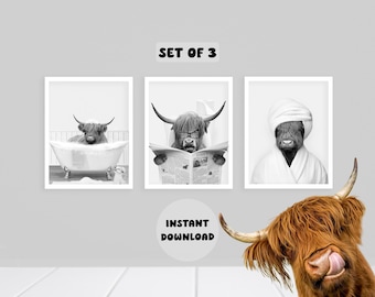 Black & White Highland Cow Wall Art, Digital Download, Funny Farmhouse Bathroom Decor, Cow on Toilet, Cow in Bath, Cow in Bathrobe, Set of 3