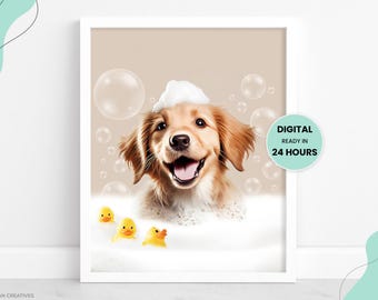 Custom Pet Portraits, Dog in Bubble Bath, Pet in Toilet, Guestroom Bathroom, Funny Pet Portrait, Kids Bathroom Wall Art, Cat Dog Gift