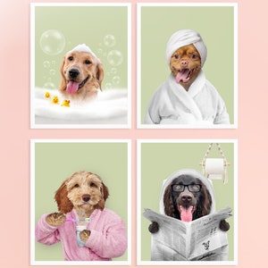 Personalized Bathroom Pet Portraits - Four Style - Dog in Bath - Dog in Bathrobe - Dog Brushing - Dog in Toilet, reading Newspaper.