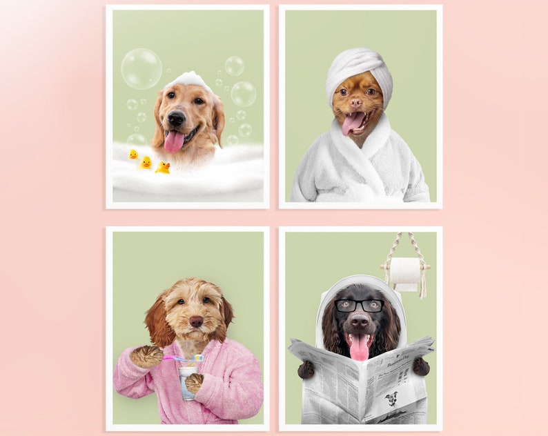 Personalized Bathroom Pet Portraits - Four Style - Dog in Bath - Dog in Bathrobe - Dog Brushing - Dog in Toilet, reading Newspaper.