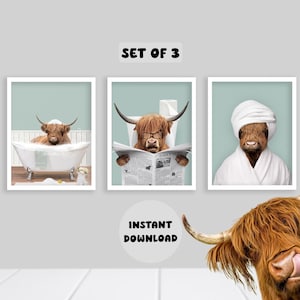 Funny Highland Cow Bathroom Art Prints: Farmhouse Animal Decor (Digital Download)