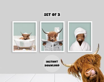 Highland Cow Funny Wall Art - Digital Download - Farm Animal Bathroom Decor - Cow on Toilet - Cow in Bath - Cow in Bathrobe - Set of 3