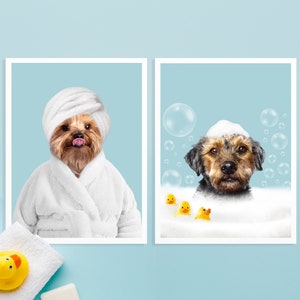 Custom Pet Portraits • Dog in Toilet • Pet in Bubble Bath • Guestroom Bathroom • Funny Pet Portrait • Kids Bathroom Wall Art • Cat Dog Gift