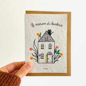 Cartão para plantar mensagem, gato de boas-vindas, cartão da casa da felicidade, cartão de mensagem