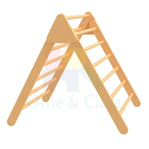 May include: A wooden triangular climbing frame with rungs for children to climb on. The frame is made of natural wood and has a light brown colour.