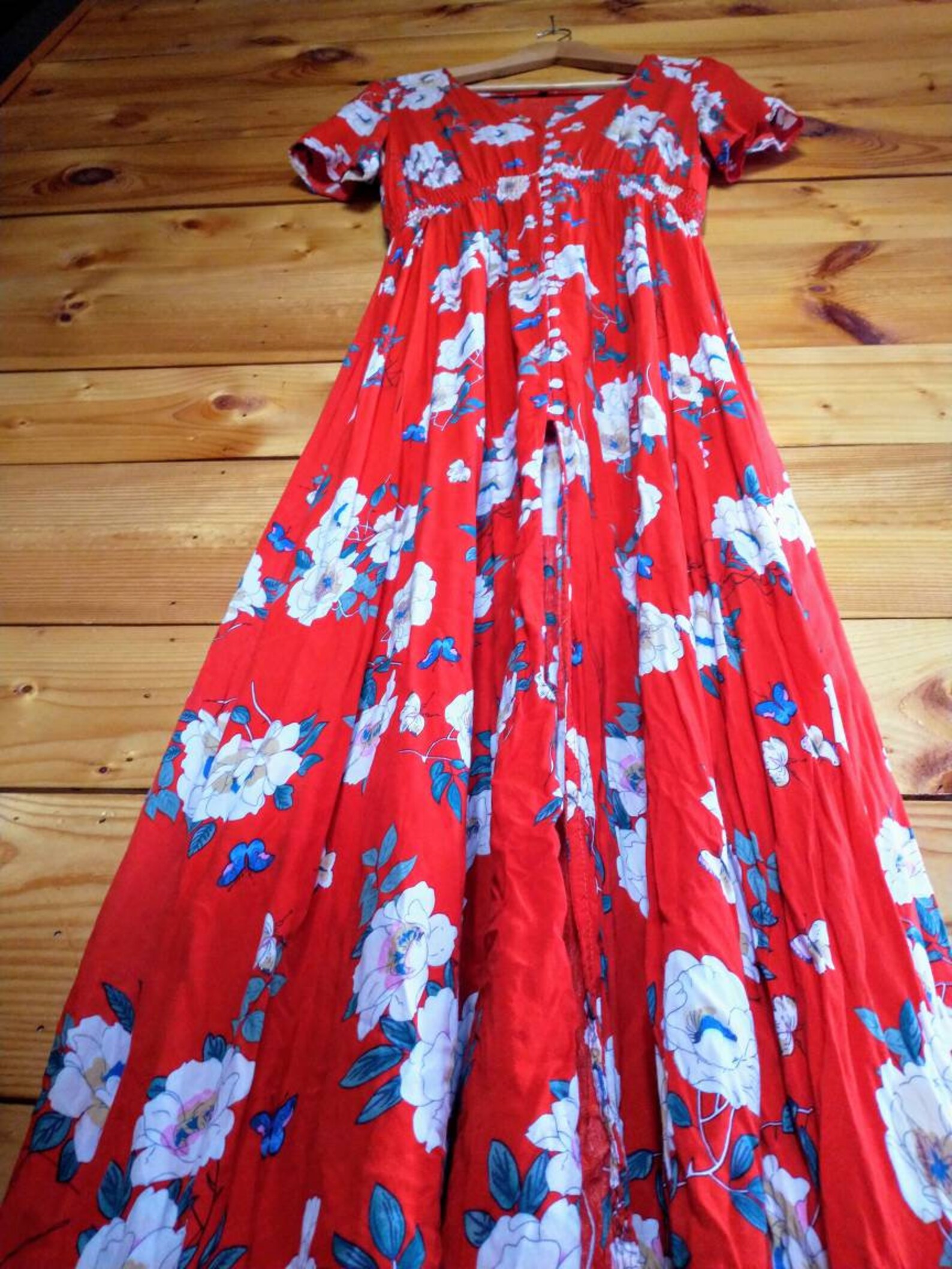 Large long retro red floral cottage core dress | Etsy