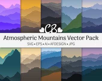 Atmospheric Mountains Vector Pack. SVG, EPS, Affinity Designer and Adobe Illustrator formats. Bonus JPG Digital Paper and Texture Overlay.