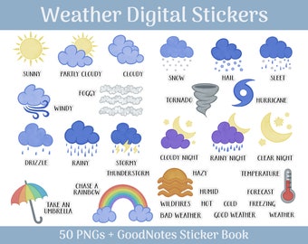 Weather Digital Stickers. PNGs and Pre-cropped for GoodNotes. Hand-drawn doodle style in chalk pastel.