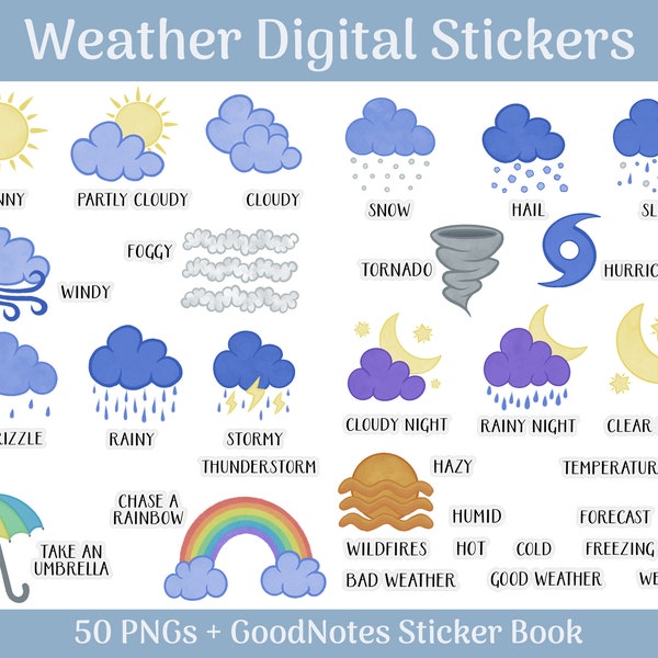 Weather Digital Stickers. PNGs and Pre-cropped for GoodNotes. Hand-drawn doodle style in chalk pastel.