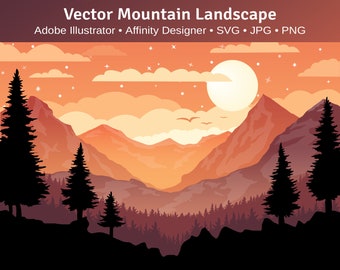 Vector Mountain Landscape at Sunset, editable files in Adobe Illustrator, Affinity Designer and SVG formats.