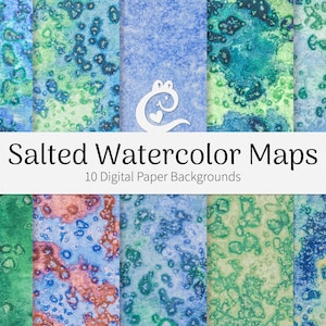 Könnte beinhalten: Zehn digitale Hintergrundpapiere mit abstrakten Aquarellmustern in Blautönen, Grüntönen und Braun. Die Muster ähneln Salzwasserkarten.
