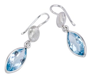 Blue topaz earrings silver 925 faceted earrings Navette Marquise 7 x 14 mm ice matt brushed ear hooks