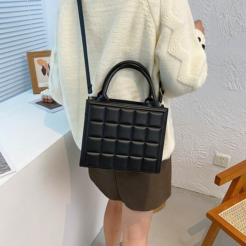 LoyGkgas New Retro Leather Purse 2pcs Composite Bag Women Lattice Crossbody  Bags (Black) 