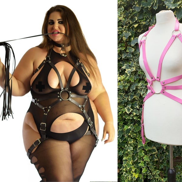 US Size 2-30+ Plus Size PVC Synthetic Leather Bondage Harness Body Restraints Thigh Cuffs O Ring Choker Curve Gothic Dress-up Drag Queen