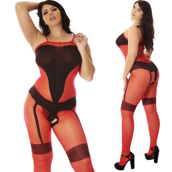 US Size 2-12 /UK 6-16 Red / Black Sheer Nylon Bodysuit Bodystocking  Suspenders Open Crotch Crotchless Smooth Touch 