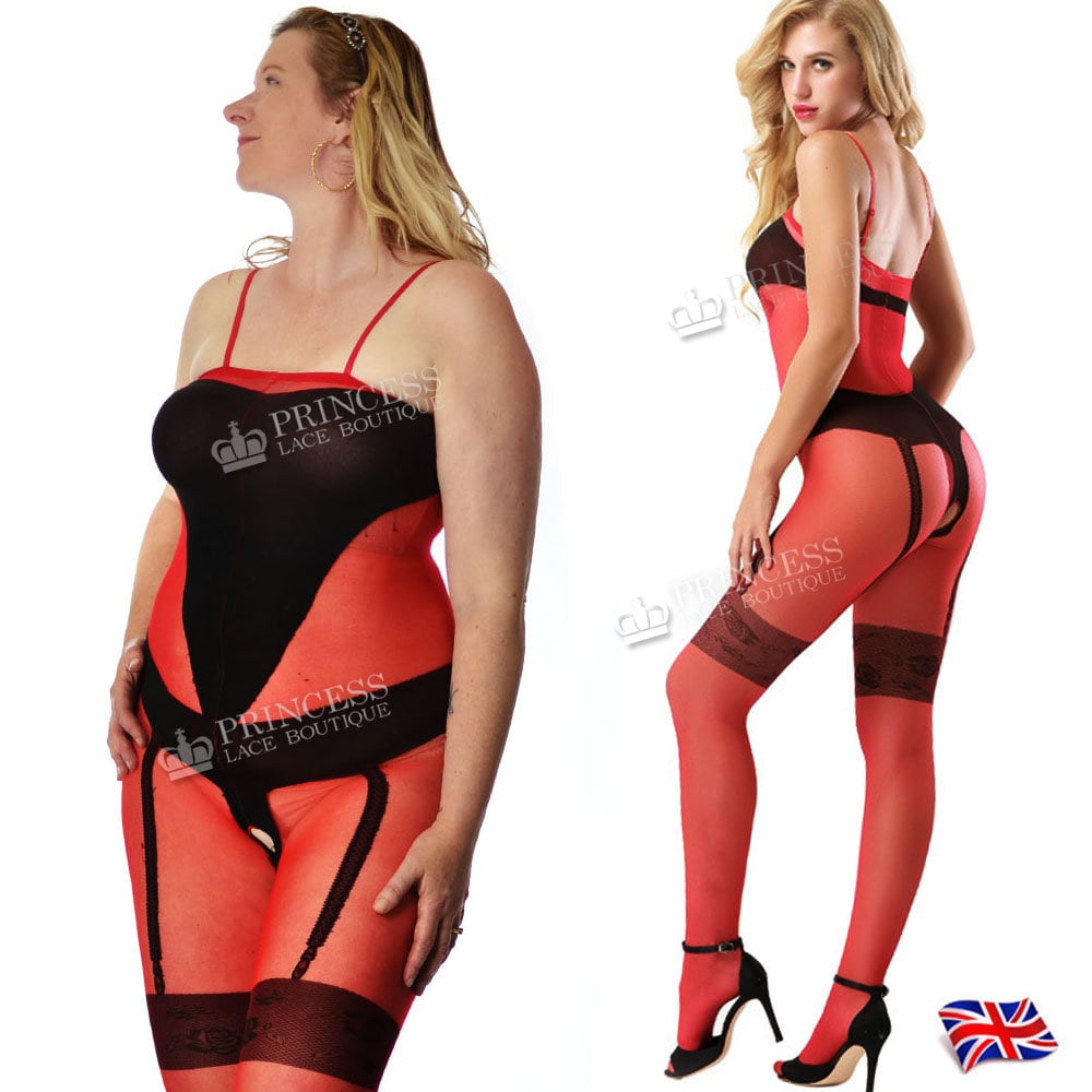 US Size 2-12 /UK 6-16 Red / Black Sheer Nylon Bodysuit Bodystocking  Suspenders Open Crotch Crotchless Smooth Touch -  Israel