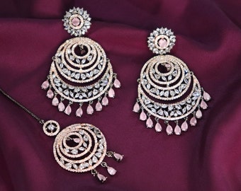 CZ Chandbali Earring Maangtikka Set Indian Jewelry Rose Gold Chandelier Earrings CZ Jewelry Maangtika Jhumka