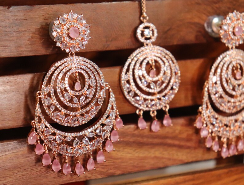 CZ Chandbali Earring Maangtikka Set Indian Jewelry Rose Gold Chandelier Earrings CZ Jewelry Maangtika Jhumka