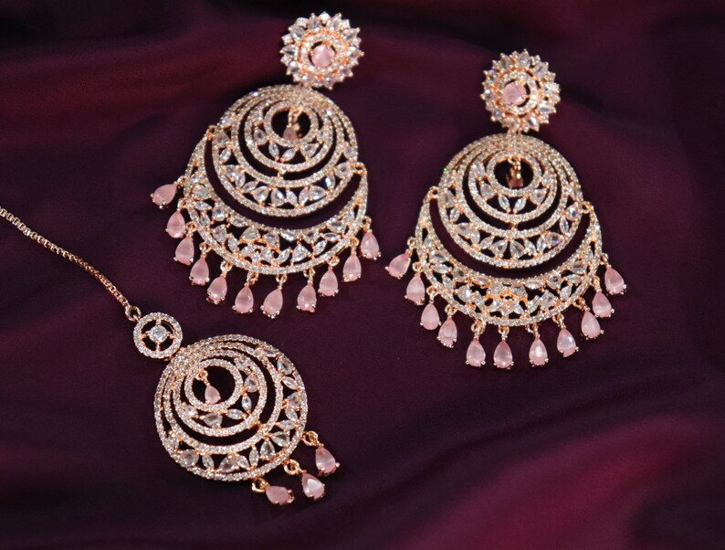 CZ Chandbali Earring Maangtikka Set Indian Jewelry Rose Gold Chandelier Earrings CZ Jewelry Maangtika Jhumka