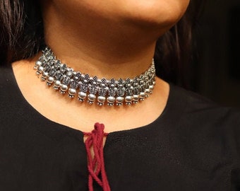 ASIAN Silver Oxidised Ethnic Tribal Costume NECKLACE CHOKER JEWELLERY