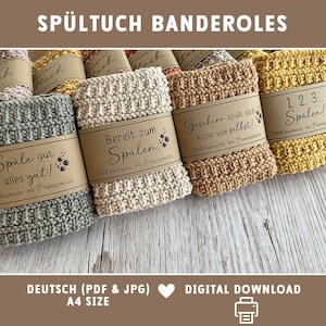 Banderol voor vaatdoek, gehaakte gebreide theedoeken met grappige spreuken, afdrukbare download, wasinstructies A4, 40 en 60 graden