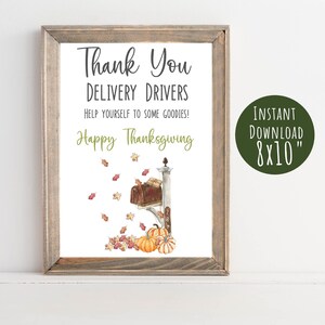 Delivery Driver thank you sign, printable 8x10&quot;, delivery driver snack sign, Thanksgiving holiday, instant download