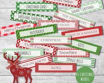 May include: A set of 15 printable Christmas word cards with red and green patterns. The cards feature various Christmas-themed words, including "Santa's Helper", "Season's Greetings", "Merry Christmas", "The First Noel", "Away in a Manger", "Snowflake", "Jingle Bells", "Noel", "Christmas Cards", "Christmas Stocking", "Nutcracker", "Christmas", "Feliz Navidad", "Snowballs", "Peace on Earth", and "Gifts".