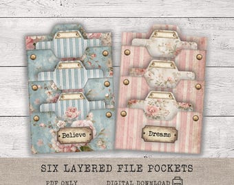 File pockets for Junk Journal, 6 printable layered pockets for junk journals, shabby vintage ephemera,  pocket inserts, digital download kit