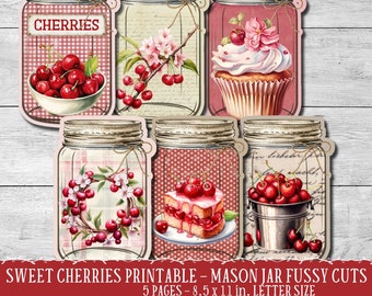 Cherry Mason Jar fussy cuts, sweet cherry gift tag, Mason Jar ephemera, printable junk journal embellishments