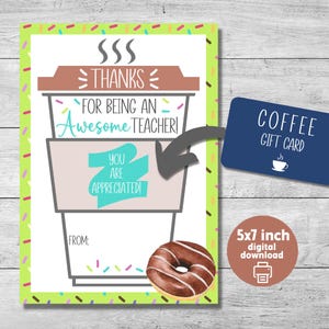 Teacher Appreciation Week gift card holder, coffee gift card for teachers, gift from student, thank you card, instant download