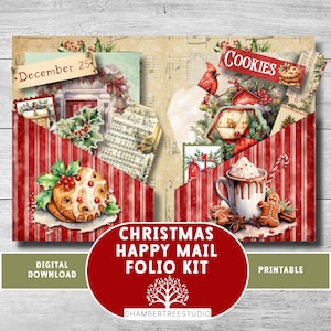 Kerstfoliokit, happy mail, kerstkaartcadeau, invoegsel voor junkjournal, afdrukbaar gevuld vakantiezakje