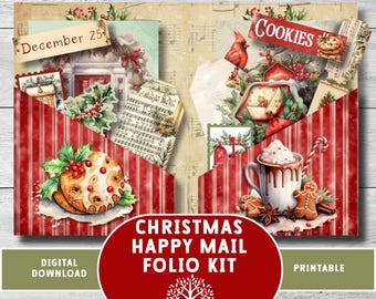 Christmas folio kit, happy mail, holiday card gift, Junk Journal insert, printable loaded holiday pocket