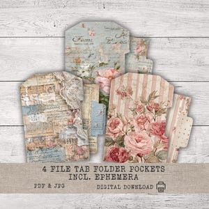 May include: Four file tab folder pockets featuring vintage-style designs with floral patterns, script text, and lace accents. The set includes various paper textures, pink and cream rose illustrations, and striped backgrounds for crafting projects.