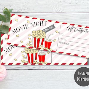 Movie Night Gift Certificate, Printable Movie Gift Voucher, Birthday ...