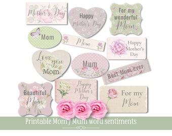 Mother&#39;s Day word sentiments, junk journal words, scrapbooking ephemera, printable words, instant download, Happy Mother&#39;s Day